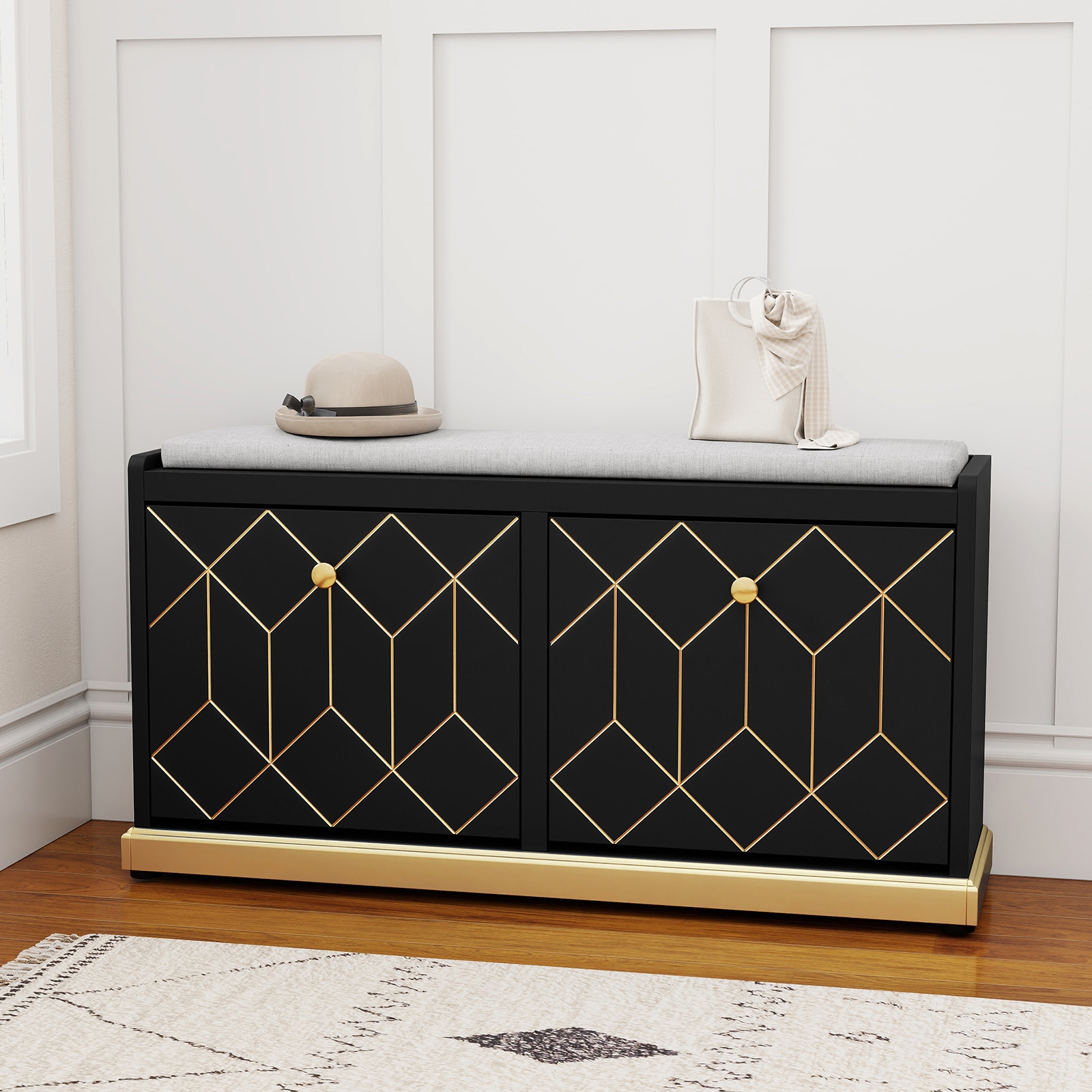 Modern Shoe Bench With Storage, Entryway Bench With 2 Flip Drawers & Padded Cushion Seat, Upholstered Shoe Rack Organizer For Hallway, Closet, Living Room_voghion.com